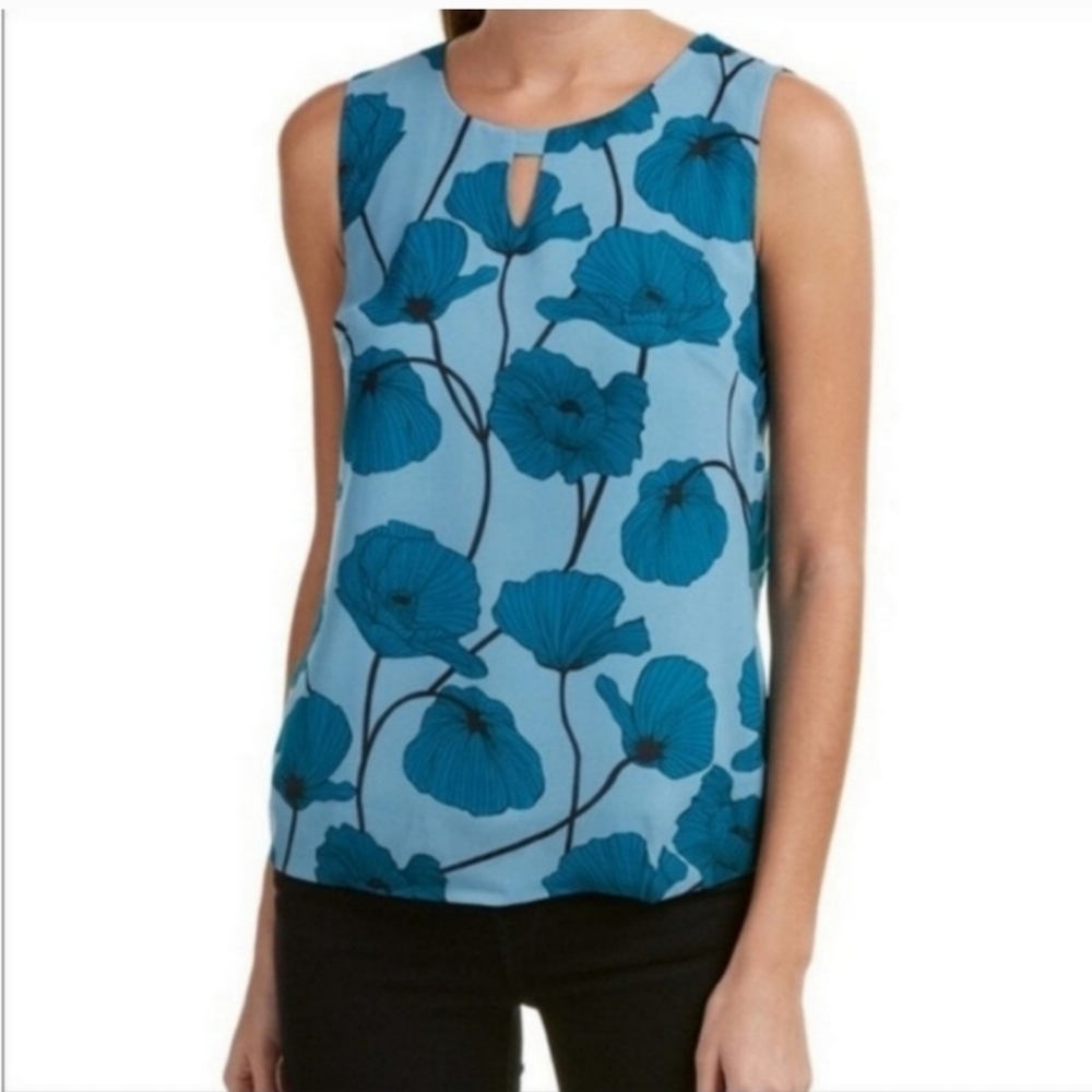 Cabi # 3268 Poppy Top blue floral sleeveless blouse Sz XS
